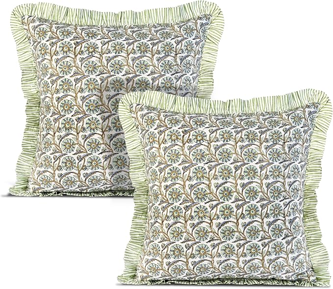 Ridhi Block Print Bloom Bubbles Throw Pillow Cover 20" x 20" (Pack of 2) Decorative Cushion Covers with Ruffle for Couch, Sofa, Bed, Living Room, Home Decor Gift for Spring, Easter, Valentine