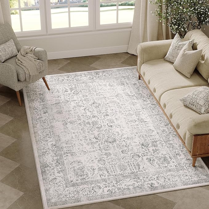 PureCozy Gray Area Rug 4x5 Office Entryway Rug Machine Washable Kitchen Vintage Distressed Non Slip Carpet Indoor Grey Retro Floral Accent Throw Door Mat for Bathroom Bedroom Dining Living Room