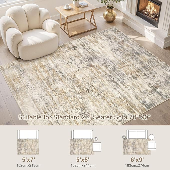UERMEI 6x9 Washable Area Rug for Living Room: Modern Neutral Abstract Soft Low Pile Carpet Non-Slip Pet Kids Friendly Indoor Decor for Bedroom Dining Room Home Office Nursery Golden Brown
