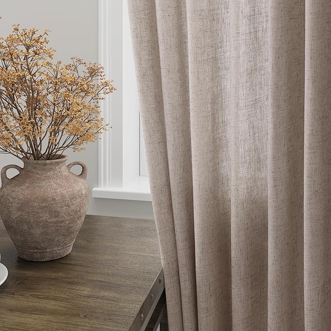 Brownish Grey Linen Curtains 63 Inches Long for Bedroom Back Tab Light Filtering Privacy Sheer Curtains Modern Farmhouse Coastal Decor Cotton Textured Gauze Curtain for Bathroom 2 Panel Set