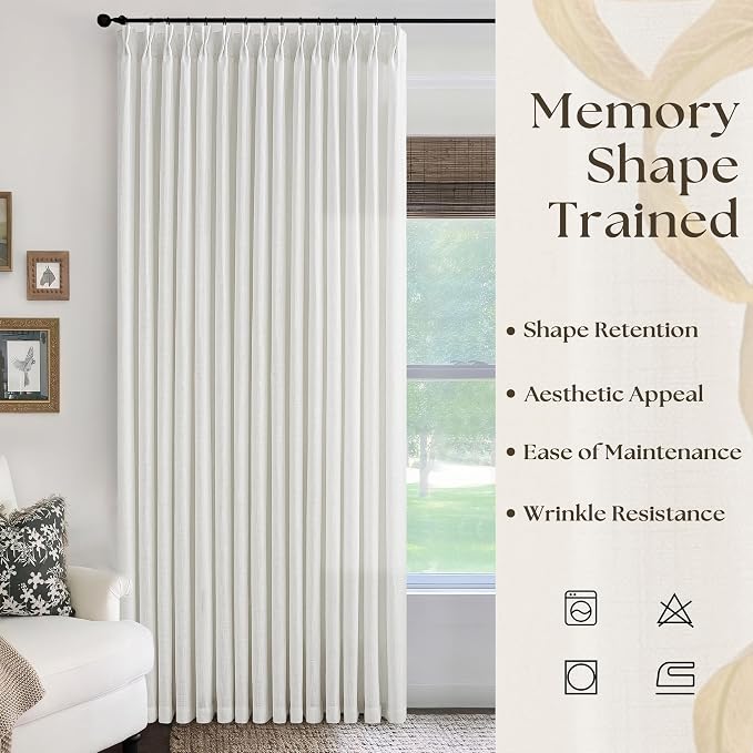 Pinch Pleated Extra Wide Curtain Panels 90 Inches Long 70 Wide Linen Curtain for Patio Sliding Glass Door Beige White Hooks Rings Semi Sheer Privacy 90 Inch Length for Living Room 70x90 1 Panel