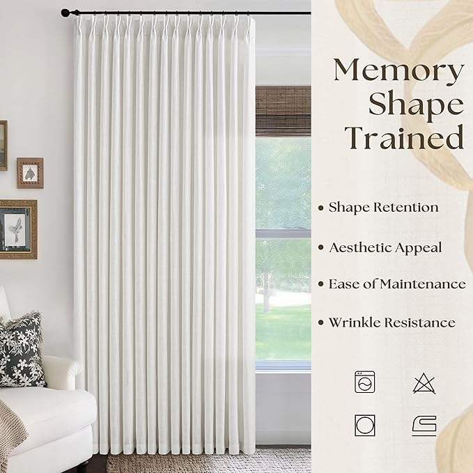 Pinch Pleated Extra Wide Linen Curtains 108 Inches Long for Patio Sliding Glass Door Beige White 100 Inch Wide Pleated Drapes with Hooks Rings Neutral Semi Sheer 100x108 Curtain for Living Room