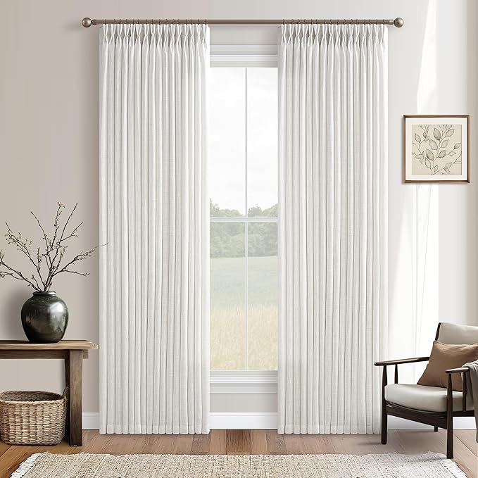 Beige White 94 Inch Pinch Pleated Linen Curtains for Living Room Bedroom Dining Boho Country Light Filtering Pinch Pleat Drapes with Hooks Rings Back Tab Semi Sheer Window Curtains 2 Panels Set 50x94