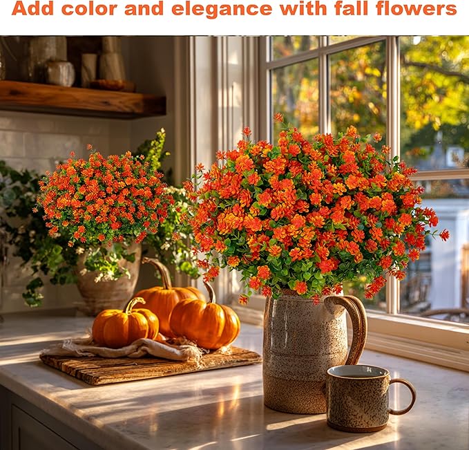 AXYLEX Artificial Fall Flowers Outdoor Fake Mums - 12 Bundles Fake Plants UV Resistant No Fade Faux Plastic Greenery Garden Porch Patio Fall Home Decor (Red Orange)