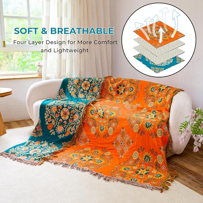 King Throw Blanket for Bed Couch,100% Organic Cotton Reversible Soft Quilt, Orange Floral Breathable Lightweight Muslin Blankets,90"×108" Extra Large Sofa Throws for 3 4 Seater with Tassels,Orange