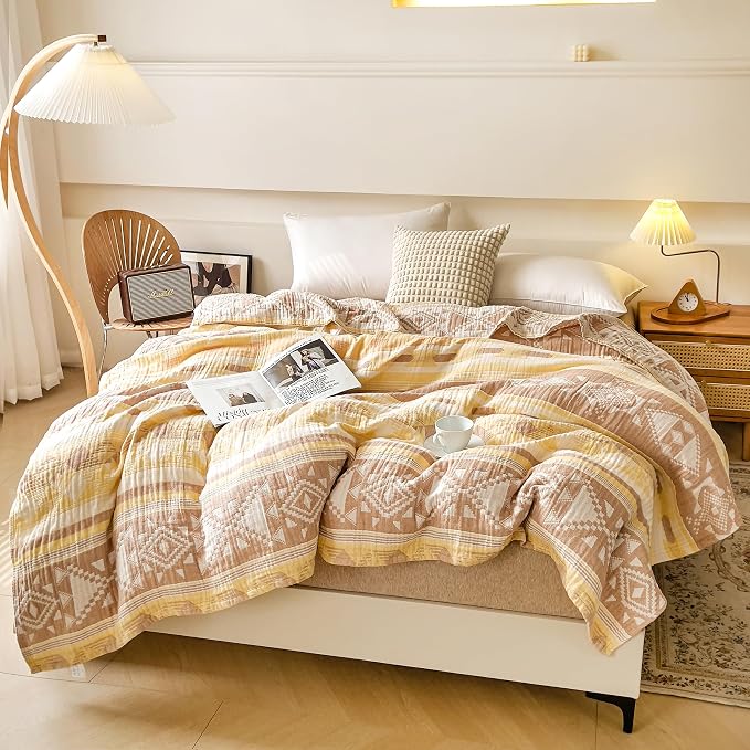 MEJU Yellow Boho Indian Retro Southwest Muslin All Season Blanket for Bed Sofa Couch 100% Combed Cotton 3 Layer Soft Cozy Reversible Quilt Throw Blanket Bed Coverlet F/Q 80 in x 90 in