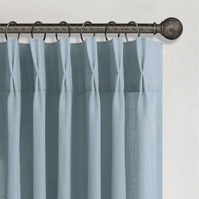 Stone Blue Linen Pleated Curtains 96 Inch Long for Bedroom 2 Panels Modern Simplicity Farmhouse Coastal Decor Semi Sheer Drape for Living Room Dinning Patio Door Dusty Blue Gray Pinch Pleat Back Tab