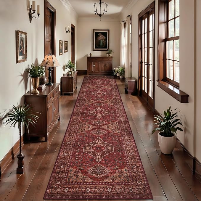 Tangsoo Boho 2.6x12 Washable Hallway Runner Rug, Red Non Slip Vintage Long Runner Rug for Hallways, Oriental Soft Low Pile Rug Runner, Print Carpet Runners for Kitchen Bedroom Entryway Living Room