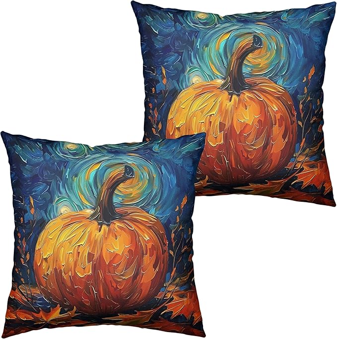 Fall Van Gogh Pillow Covers 22x22 Set of 2 Autumn Pumpkin Under Starry Night Throw Pillow Covers Oil Painting Pillowcase Cushion Case for Home Decor Patio Outdoor Sofa