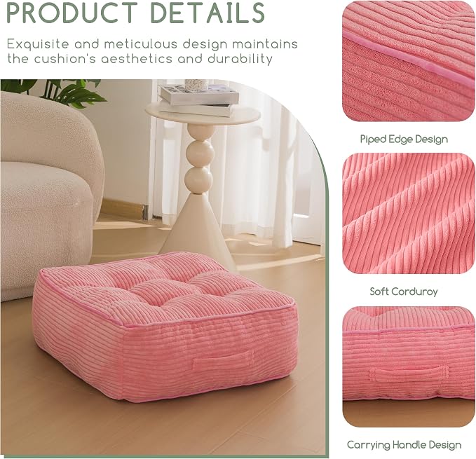HIGOGOGO 8" Extra Thick Floor Pillow Cushion for Adults, Meditation Cushion Pillow, Large Square Floor Sitting, Tufted Corduroy Cover, for Tatami Living Room or Yoga, 22x22 Inch, 2Pack, Pink
