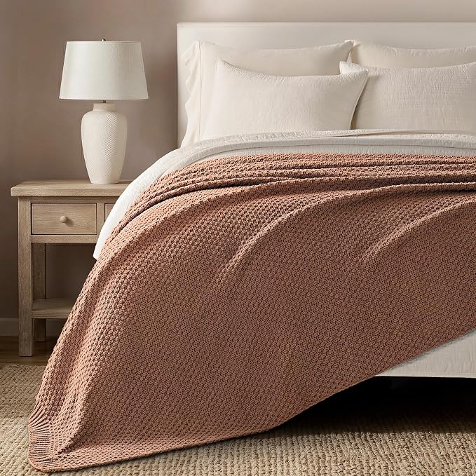 EVERGRACEHOME Chunky Chenille Knit Throw Blanket for Couch, Soft Luxurious Oversized Queen Moss Stitch Blanket for Bed, Cozy Farmhouse Knitted Throw for Sofa, Terracotta Clay, 90" x 90"