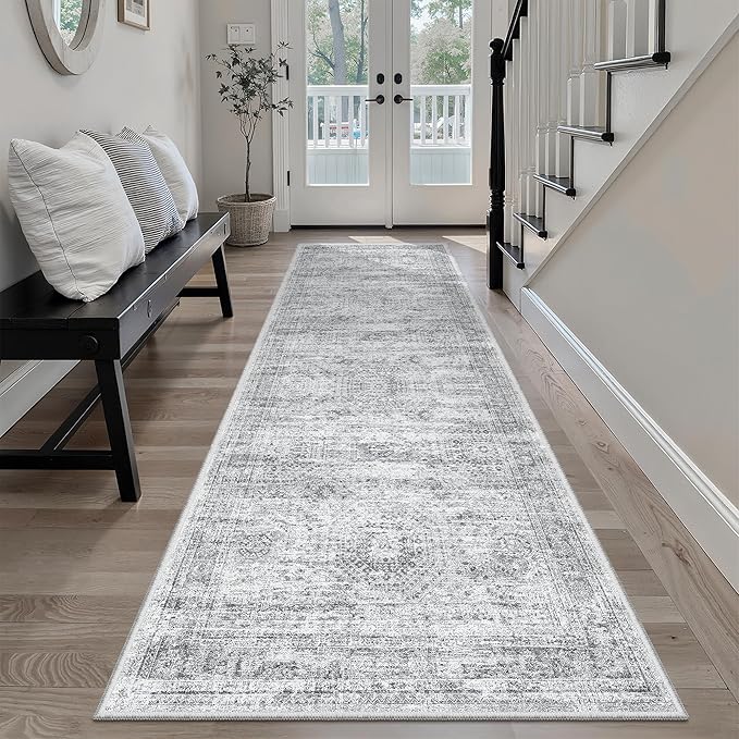 Soalmost Washable Runner Rug, 2'6" x 8' Non-Slip Kitchen Vintage Foldable Hallway Runners for Entryway, Laundry, Bedroom, Grey