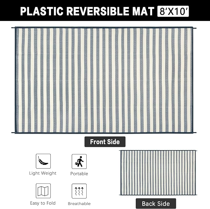 HUGEAR 8'x10' Outdoor Rug Waterproof Plastic Straw Rugs Large Blue Stripe Reversible Mat Floor Carpet for Camping RV Deck Entryance Porch Picnic Balcony Beach Backyard
