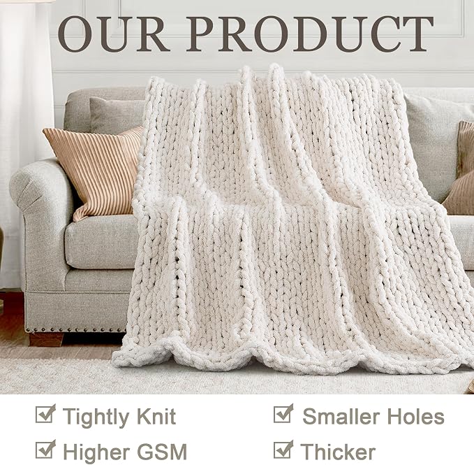 Chunky Knit Throw Blanket 50x60, 100% Handmade Chenille Yarn | 4.4lbs Soft Thick Cable Knitted Blankets, Large Rope Knot Crochet Throws for Couch Sofa Bed Machine Washable, Cream White