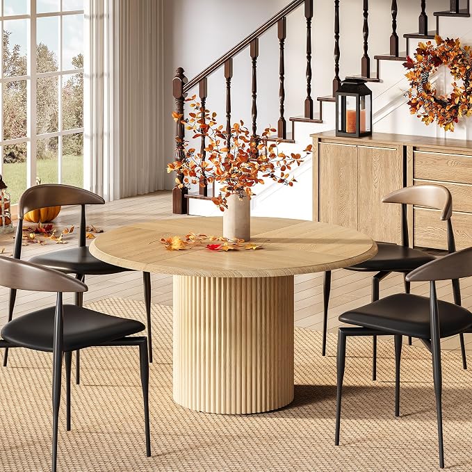LITTLE TREE 47 Inches Round Dining Table for 4, Farmhouse Natural Wooden Dining Room Table with Heavy Duty Fluted Pedestal, Large Circle Kitchen Dinner Table for Dining Room, Living Room (Table Only)