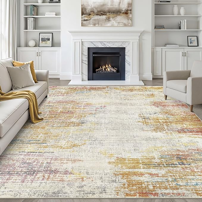 8x10 Area Rugs Living Room: Washable Large Neutral Rug Abstract Soft Modern Stain Resistant Indoor Floor Non-Slip Carpet for Bedroom Nursery Kids Classroom Playroom Dining Room Office- Gold Colorful