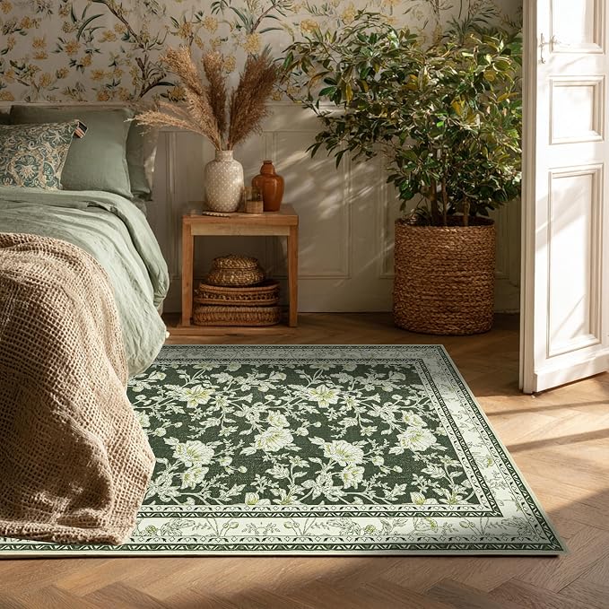 Olive Green Floral Print Area Rugs for Bedroom Living Room Boho Farmhouse Country Rustic Dining Room Carpet Soft Washable Rugs Non Slip Floor Covering for Nursery Playroom 4x6