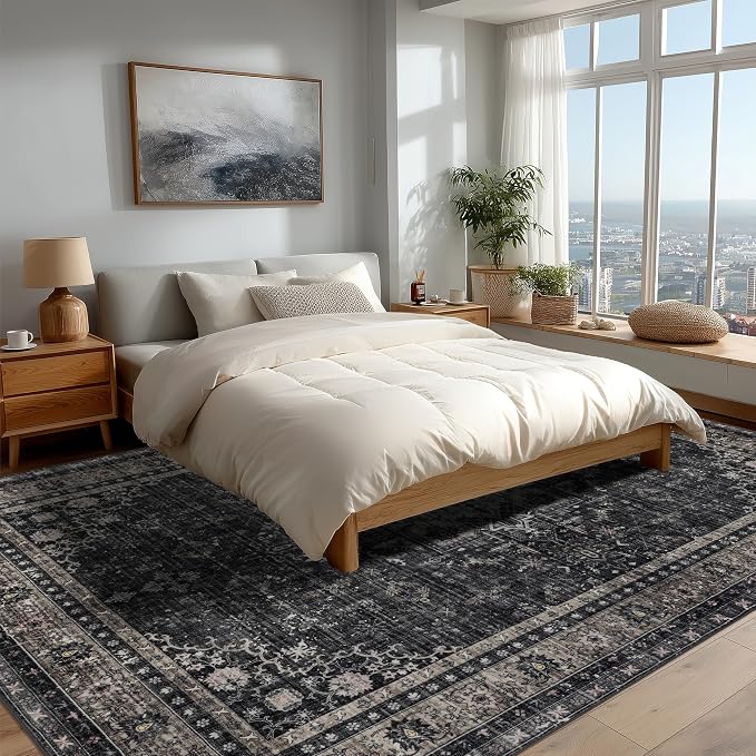 Ruaruarug Washable Area Rug 8x10 for Living Room, Bedroom, Ultra Soft Non Slip Stain & Fade Resistant, Pet & Kids Friendly, Suitable for High Traffic Areas Easy to Clean for Office Kitchen, Black Gray