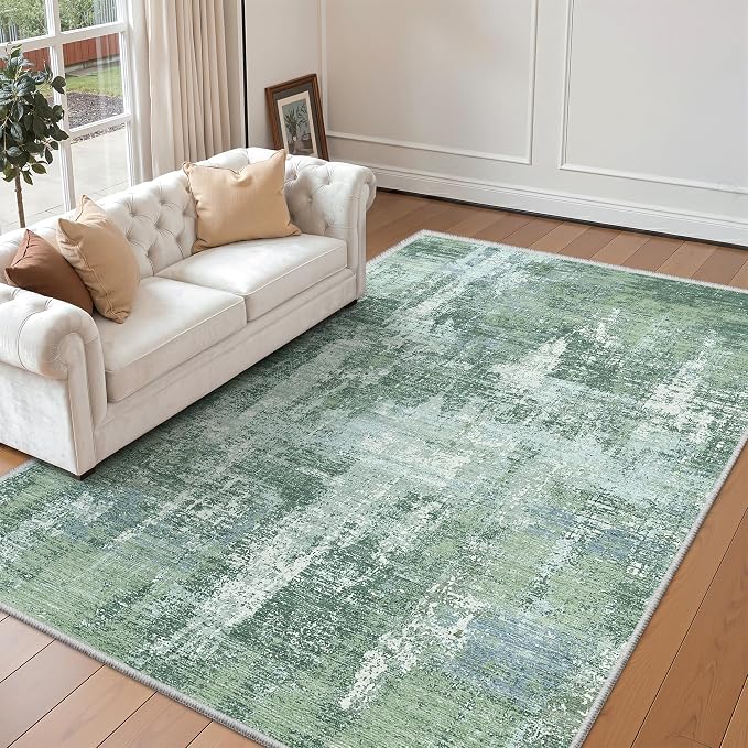 Valenrug Washable Rugs 5x7 - Stain Resistant 5x7 Area Rugs for Living Room, Non Slip Backing Abstract Rugs for Bedroom, Folable Machine Washable Area Rug(5'x7', Sage Green)