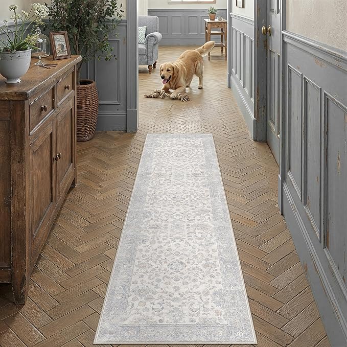 3x8 Blue Washable Runner Rug for Living Room Bedroom Neutral Soft Floral Non Slip Runner Rug Lightweight Vintage Low Pile Distressed Runner Kitchen Hallway Porch Beside Bed Bathroom