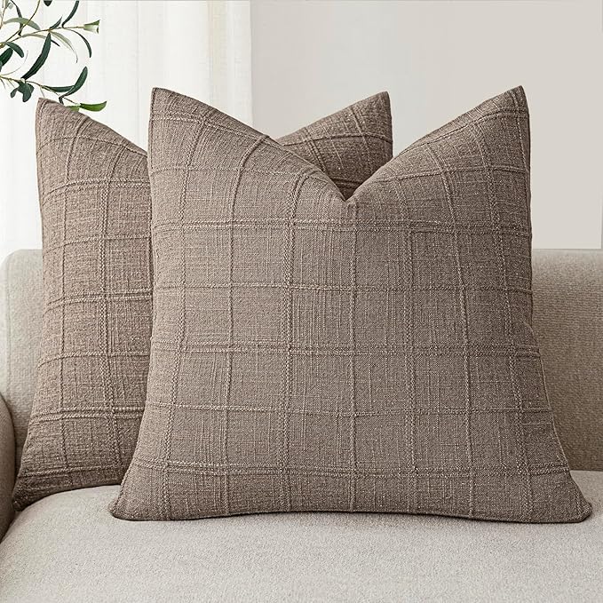 Foindtower Set of 2 Decorative Linen Check Throw Pillow Covers Neutral Farmhouse Vintage Cushion Covers Modern Boho Home Decor for Sofa Chair Couch Bedroom Living Room,16×16 Inch,Tan Taupe