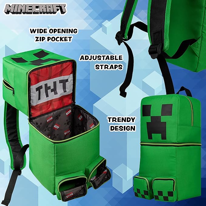 Minecraft Backpacks for Kids Creeper Boy Bag with Zipped Pockets Adjustable Straps Kids Bag for Gaming Travel and School Backpack Boy Gifts (Green 3D, 19.68x8.26x7.28inch)