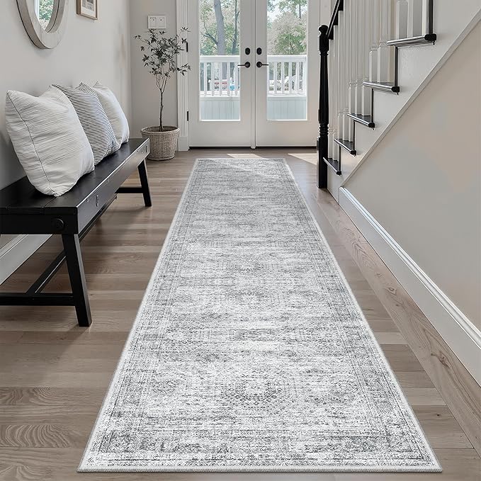 Soalmost Runner Rug 2'x8' Washable Non-Slip Runner Rugs for Kitchen Bathroom Laundry Room Grey Vintage Floor Carpet Runners for Hallway Entryway