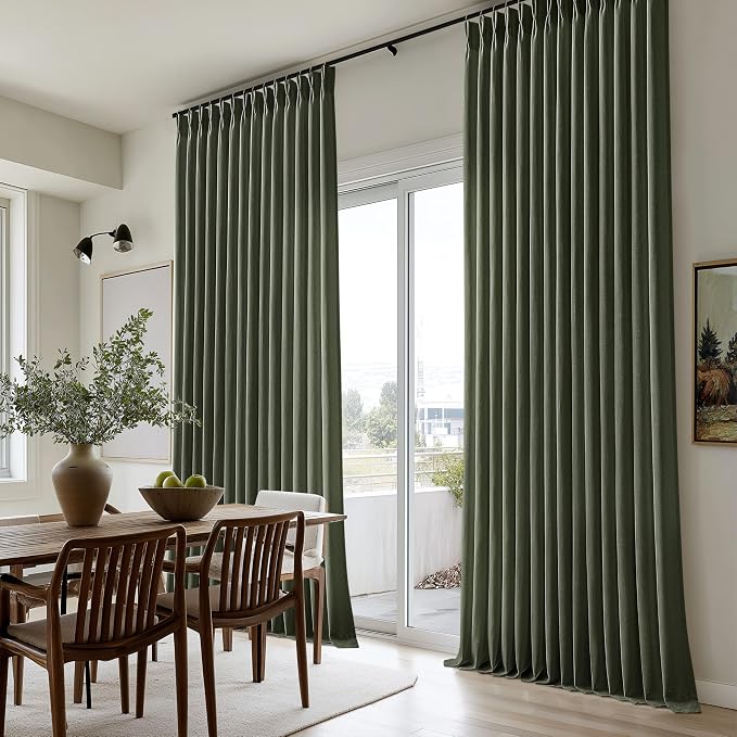 Rifle Green Linen Curtains 102 Inches Long for Living Room Pinch Pleated Draps with Hooks Rings for Traverse Rods Back Tab Semi Sheer Olive Hunter Forest Green Cottage 102 Inch Pleat Curtains 40x102