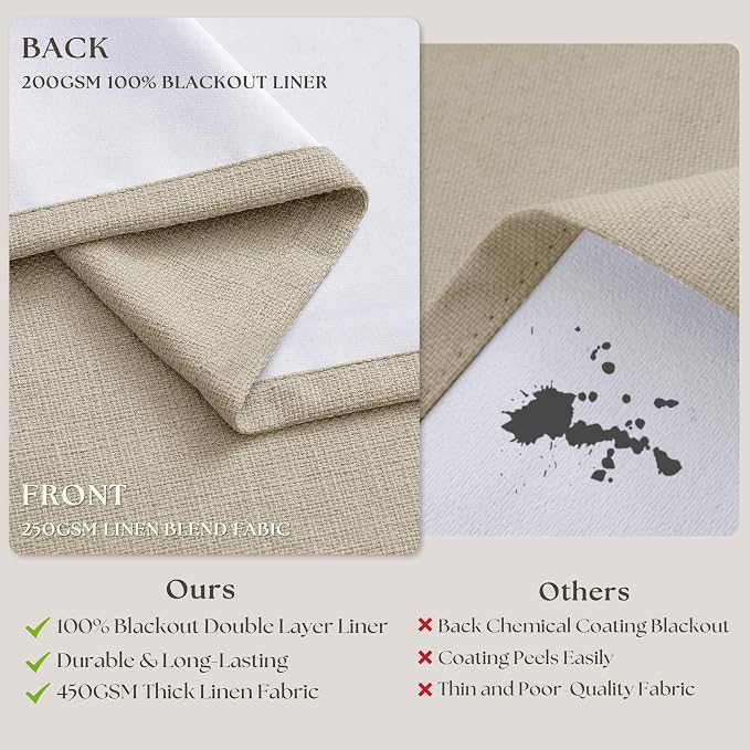 Beige Oatmeal Linen Pinch Pleated 100% Blackout Curtains 90 Inch Length 2 Panels Set Pinch Pleat Curtains Black Out Blocking Room Darkening Drapes with Liner for Bedroom Living Room Window 40x90