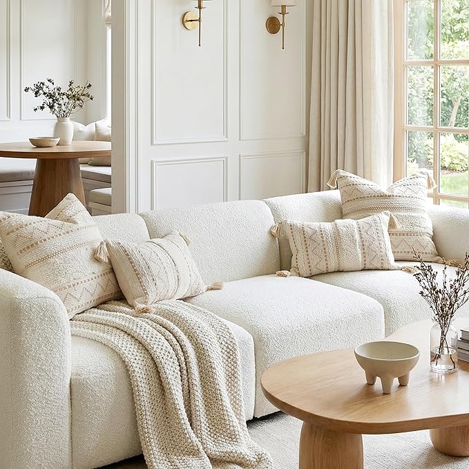 BlissBlush 18X18 Throw Pillow Cover, Cream Neutral Beige Square Decorative Cushion Cover, Boho Accent Pillowcase with Tufted Details and Tassels for Couch Sofa Living Room(Cover Only)
