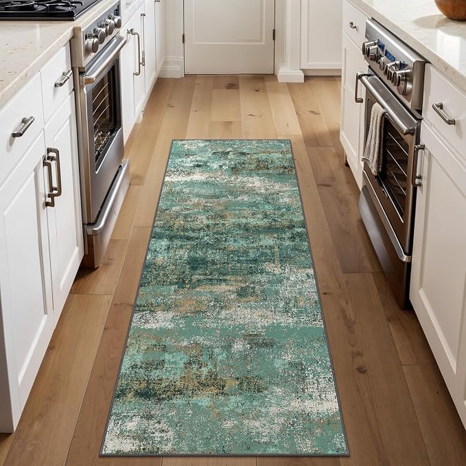 BEIMO Runner Rug for Hallway Kitchen, 2x6 Machine Washable Runners Rug for Entryway, Soft Modern Abstract Throw Rugs, Low Pile Floor Cover with Non Slip Backing, Turquoise