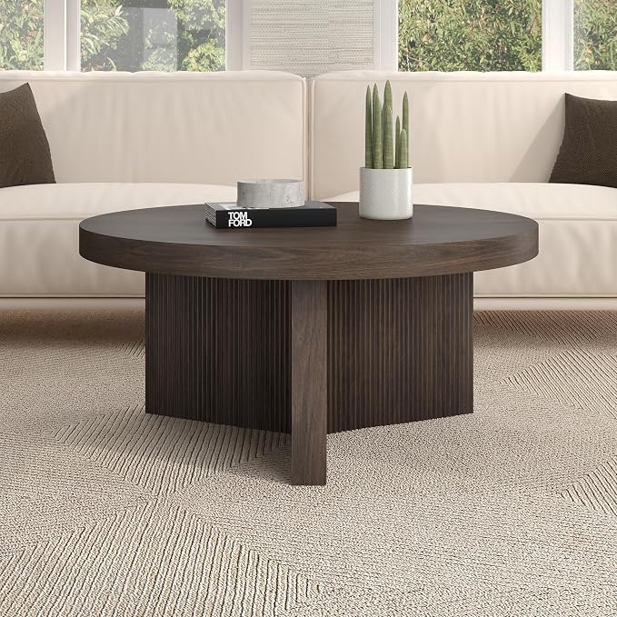 Henn&Hart 32" Fluted Round Low-Profile Coffee Table with Ribbed Pedestal Base Living Room, Family Room, Office, or Apartment, Rich Brown