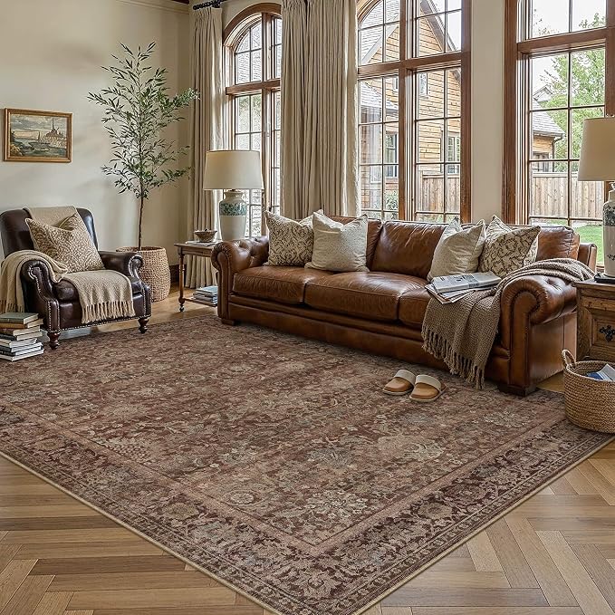 HUGEAR Area Rugs 5x7 Rust Red Washable Rug for Living Room Bedroom Neutral Vintage Rug Carpet Distressed Soft Durable Non Slip No Shedding for Indoor Dining Nursery Farmhouse