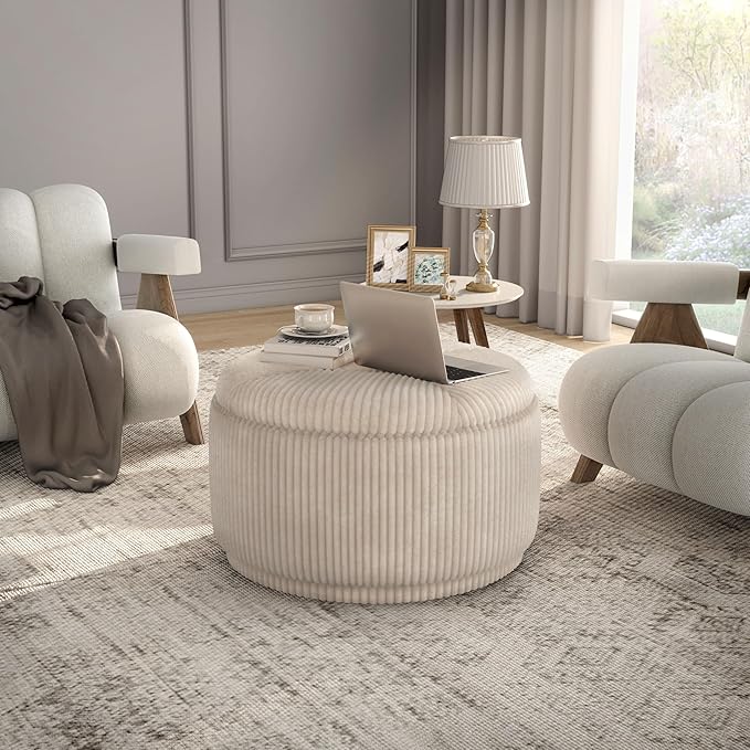 Furniture of America Lennox Modern Chenille 29-inch Round Storage Ottoman with Flip Top, Upholstered Footstool, Circle Coffee Table for Living Room, Bedroom, Entryway, Beige Pink