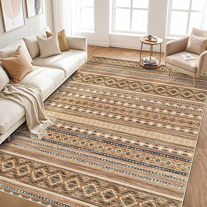 cotiled 7x9 Area Rug Living Room: Washable Boho Rugs with Non Slip Backing Large Soft Indoor Stain Resistant Carpet for Bedroom Farmhouse Dining Room Lightweight Home Decor Brown/Beige