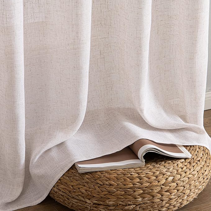 MIULEE Natural White Linen Curtains 96 Inch Long 2 Panels for Bedroom Living Room, Soft Thick Linen Textured Window Drapes Semi Sheer Light Filtering Rod Pocket Back Tab Neutral Farmhouse Cream Ivory