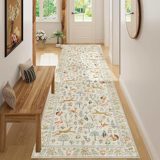 DUKINO 3x10 Washable Runner Rug for Hallway, Lightweight Loog Kitchen Rug with Low Pile Design, Vintage Animal Non Shedding Thin Indoor Carpet for Entryway, Bathroom, Bedroom, Laundry Room, Beige