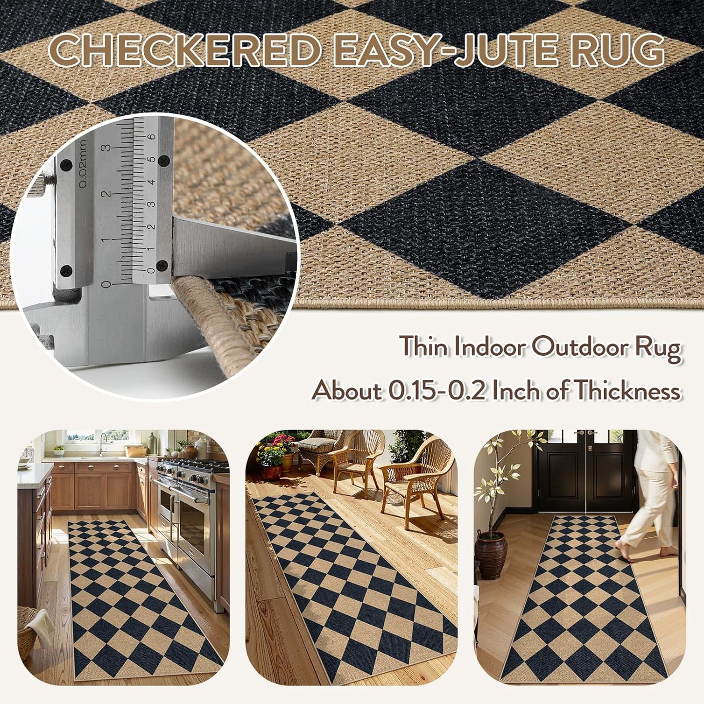 Lahome Checkered Easy Jute Runner Rug, 2x8 Hallway Kitchen Runner Rug Non Slip Washable Outdoor Carpet for Entryway Indoor, Checkerboard Black Indoor Outdoor Carpet for Hallway 8ft Entry