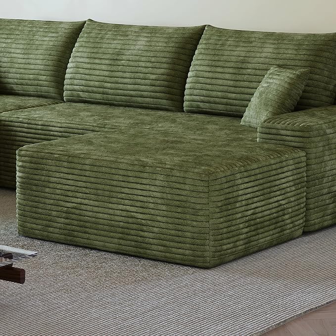 37.4 Inch Oversized Ottoman for Couch, Corduroy Upholstered Footrest with Compressed Memory Foam, Modular Sectional Cloud Pouf, No Assembly Required, DIY Combination, Green