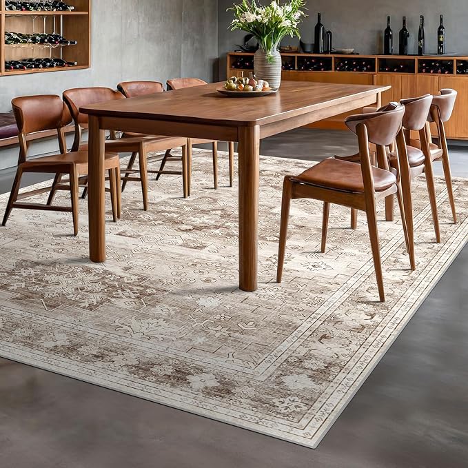 Washable Farmhouse Living Room Rug, 9x12 Area Rugs for Bedroom, Dining Room Under Table Carpet, Kids Room, Large Boho Vintage Non-Slip Floral Rugs Low Pile Stain Resistant (9x12 Beige/Latte)