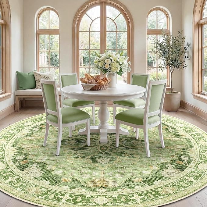 RELEANY Area Rugs 8ft Washable Non-Slip, Floral Vintage Distress Print Pattern Medallion Carpet for Living Room Bedroom Dining Room, Sage Green Yellow