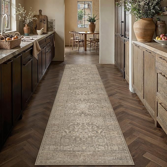 HUGEAR Hallway Runner Rugs 3x8 Light Brown Washable Rug Neutral Vintage Rug Carpet Distressed Soft Durable Non Slip No Shedding for Indoor Bedroom Kitchen Dining Nursery Laundry
