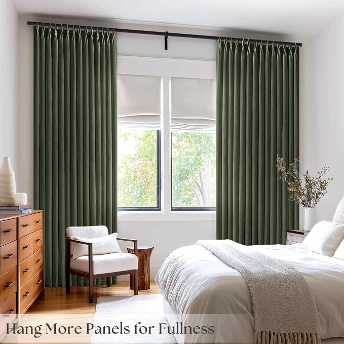 Rifle Green Linen Pinch Pleat Curtains 84 Inches Long for Living Room Pinch Pleated Drapes Hooks Rings Back Tab Farmhouse Light Filtering Semi Sheer Dark Olive Hunter Green Curtains Dining Bedroom