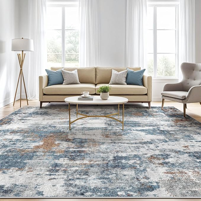 5x7 Area Rugs Living Room: Washable Large Abstract Neutral Modern Soft Rug Stain Resistant Indoor Floor Non-Slip Accent Carpet for Bedroom Nursery Playroom Dining Room Office Dorm Home- Rust Cyan