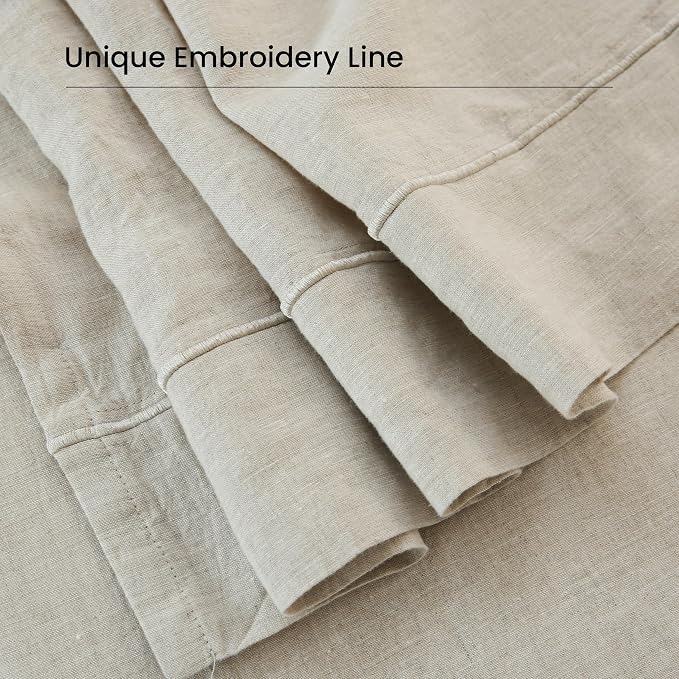 100% French Linen Pillowcases with Embroidery - Pack of 2 - Washed Solid Color Natural Flax Soft Breathable - Linen, 20'' x 30''
