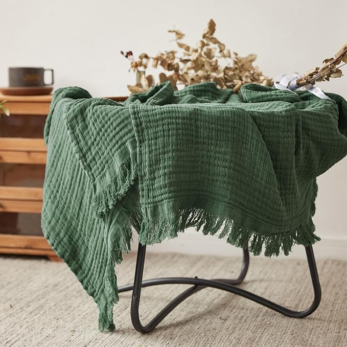 FALUCA Cotton Muslin Throw Blanket 50x60 Inches for Bed, Couch, Knit Woven Gauze Blanket, Soft Lightweight Cozy Breathable Farmhouse Decoration for All-Season, Olive Green