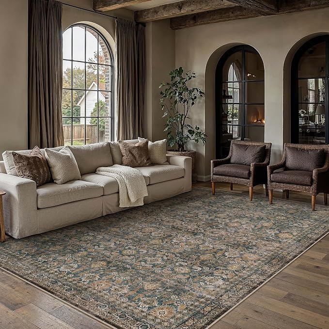 8x10 Washable Traditional Area Rug Living Room Brown Floral Non Slip Low Pile Large Rug Neutral Vintage Stain Resistant Distressed Carpet Bedroom Dining Room Office Playroom