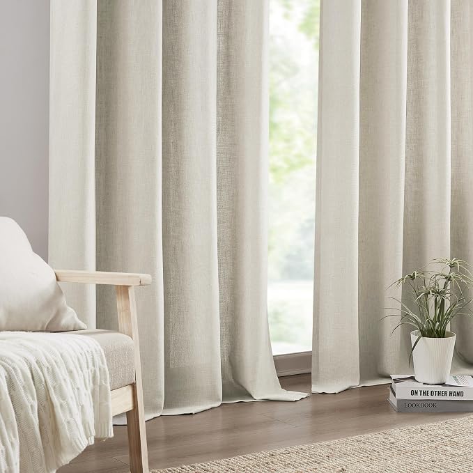 Central Park Natural Pinch Pleat Light Filtering Curtain with Microfiber Liner Linen Blended Textured Window Treatment Privacy Drape 120 Inch for Living Room Bedroom with Back Tabs Hooks, 40"Wx120"Lx2