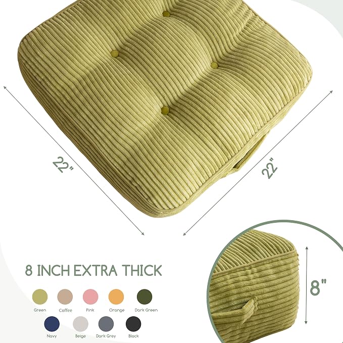 HIGOGOGO 8" Extra Thick Floor Pillow Cushion for Adults, Meditation Cushion Pillow, Large Square Floor Sitting, Tufted Corduroy Cover, for Tatami Living Room or Yoga, 22x22 Inch, Green
