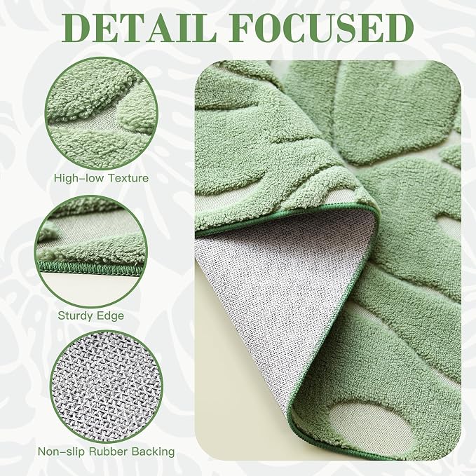 Sage Green Monstera Round Area Rug 6x6, High-Low Plush Pile Washable Rugs for Living Room Bedroom, Tropical Non Slip Nursery Carpet Soft Indoor Shag Rugs for Dining Room